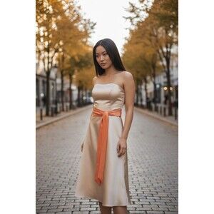 Vintage Strapless Satin Midi Dress W/ Orange Sash,Size M,Whimsy